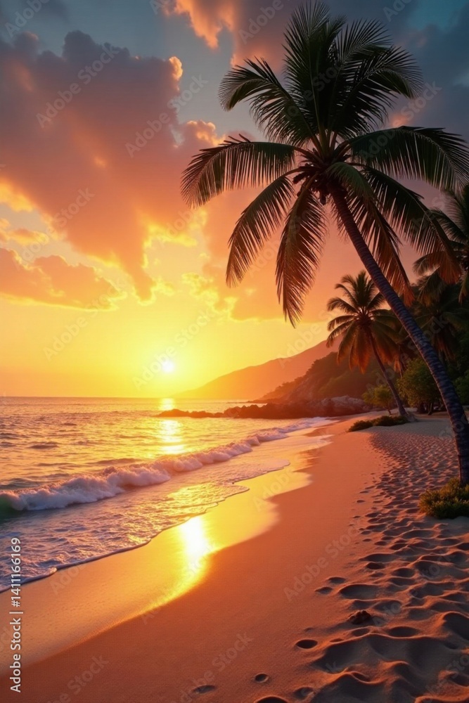 Fototapeta premium Warm sandy beach at sunset with swaying palm trees, tropical beach, distressed photography