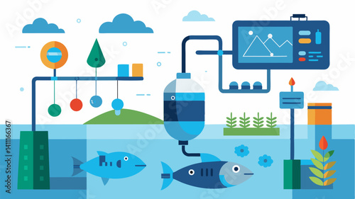 Incorporating automated water quality testing smart aquaculture management ensures the proper maintenance of dissolved oxygen pH levels and nutrient levels.. Vector illustration