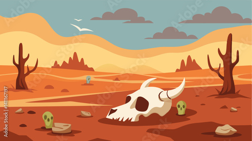 The decaying bones of a cow are all that remain in the barren field a grim symbol of the dire consequences of prolonged drought on the agricultural industry.. Vector illustration