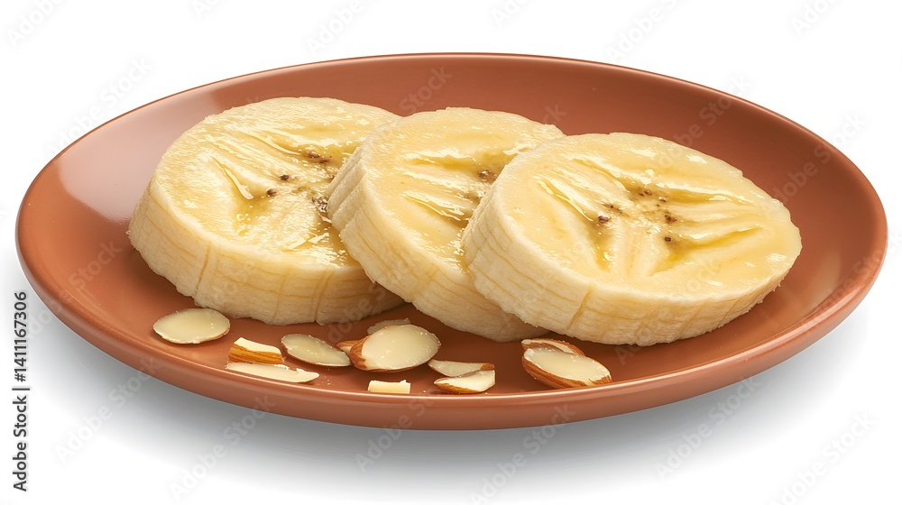 Three slices of banana drizzled with honey, served on a terracotta plate with almond slivers. A healthy and delicious snack or breakfast option. Three slices of banana drizzled with honey, served on a terracotta plate with almond slivers. A healthy and delicious snack or breakfast option.