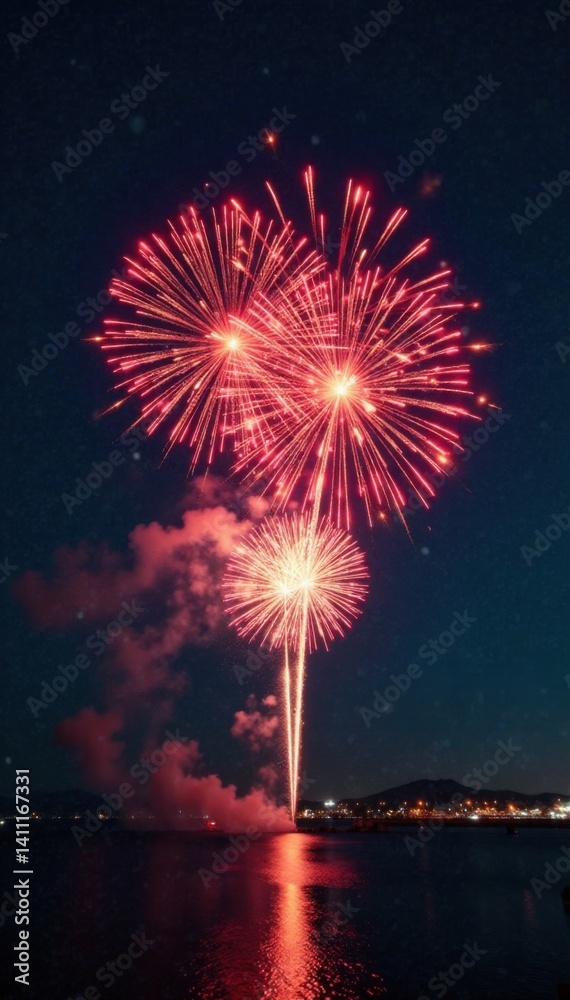 Fireworks exploding in mid-air with bright lights and patterns forming a mesmerizing display, light show, burst, pattern Fireworks exploding in mid-air with bright lights and patterns forming a mesmerizing display, light show, burst, pattern
