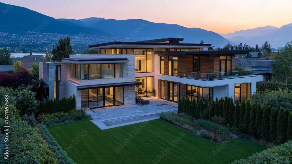 Fototapeta premium A modern-style single-family house in a quiet suburban green, minimalist design with floor-to-ceiling Windows and natural wood finishes, and clean roof lines that show an elegant geometric aesthetic.