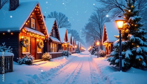 Snowy village street with festive decorations and snowflakes, village, street