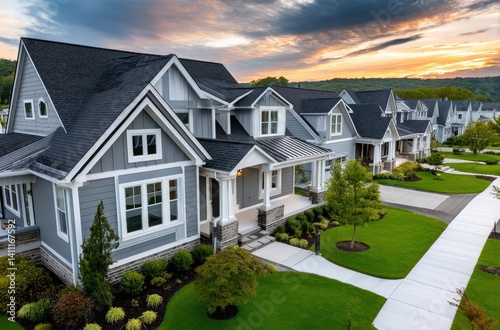 Aerial view of a modern suburban neighborhood with new homes at sunset