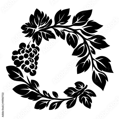 Linear grape leaf flowers ring illustration black art vector