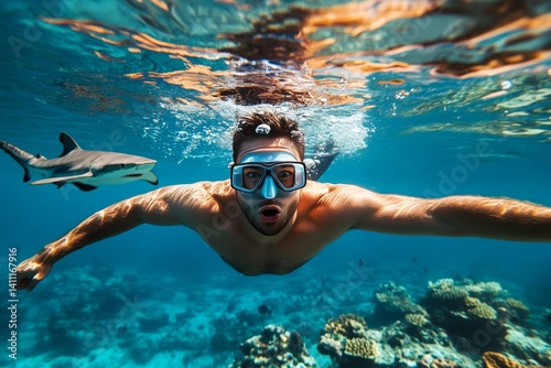 Dangerous shark and extreme surprise adult man swims among the corals. Underwater threats nearby. Encounter with dangerous shark while snorkeling. Swimming near poisonous fish.
