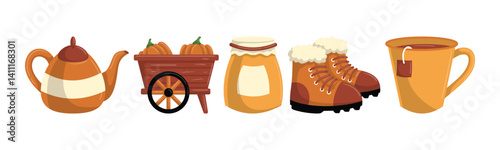 Charming autumn elements vector illustration featuring a teapot, pumpkins, honey jar, boots, and tea cup, ideal for seasonal designs.