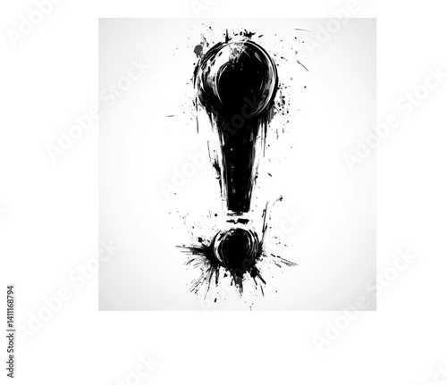 Ink blot exclamation mark, splattered, abstract design, on a white surface