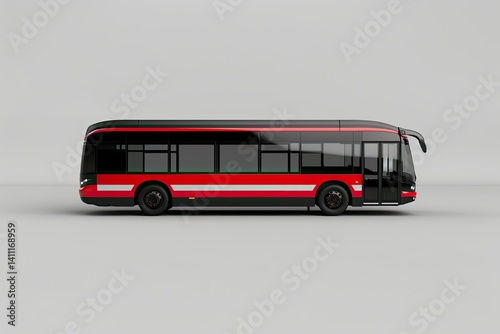 High Detail Picture of a Red and Black Bus with a Black Roof and a Red Stripe