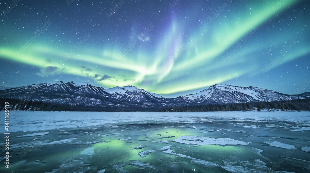 Naklejka premium Spectacular aurora australis lighting up sky over snow covered mountain range green purple ribbons of light swirling above faint stars scattered across deep blue sky icy landscape reflecting lights
