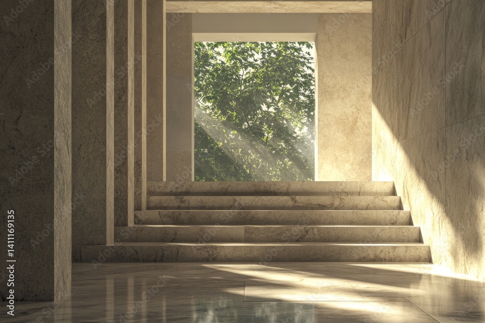 Obraz premium Modern, minimalist interior with sunlight streaming through a window