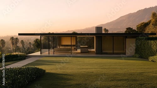 A modern-style single-family house in a quiet suburban green, minimalist desi...