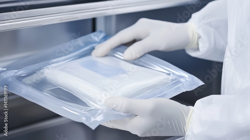 Cleanroom technician sealing medical packaging under sterile conditions. Featuring hygiene and precision