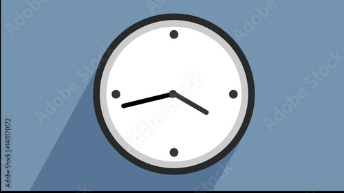 simple animated 4k video of a minimal clock set on a blue background, time, hours, minutes, counting time.