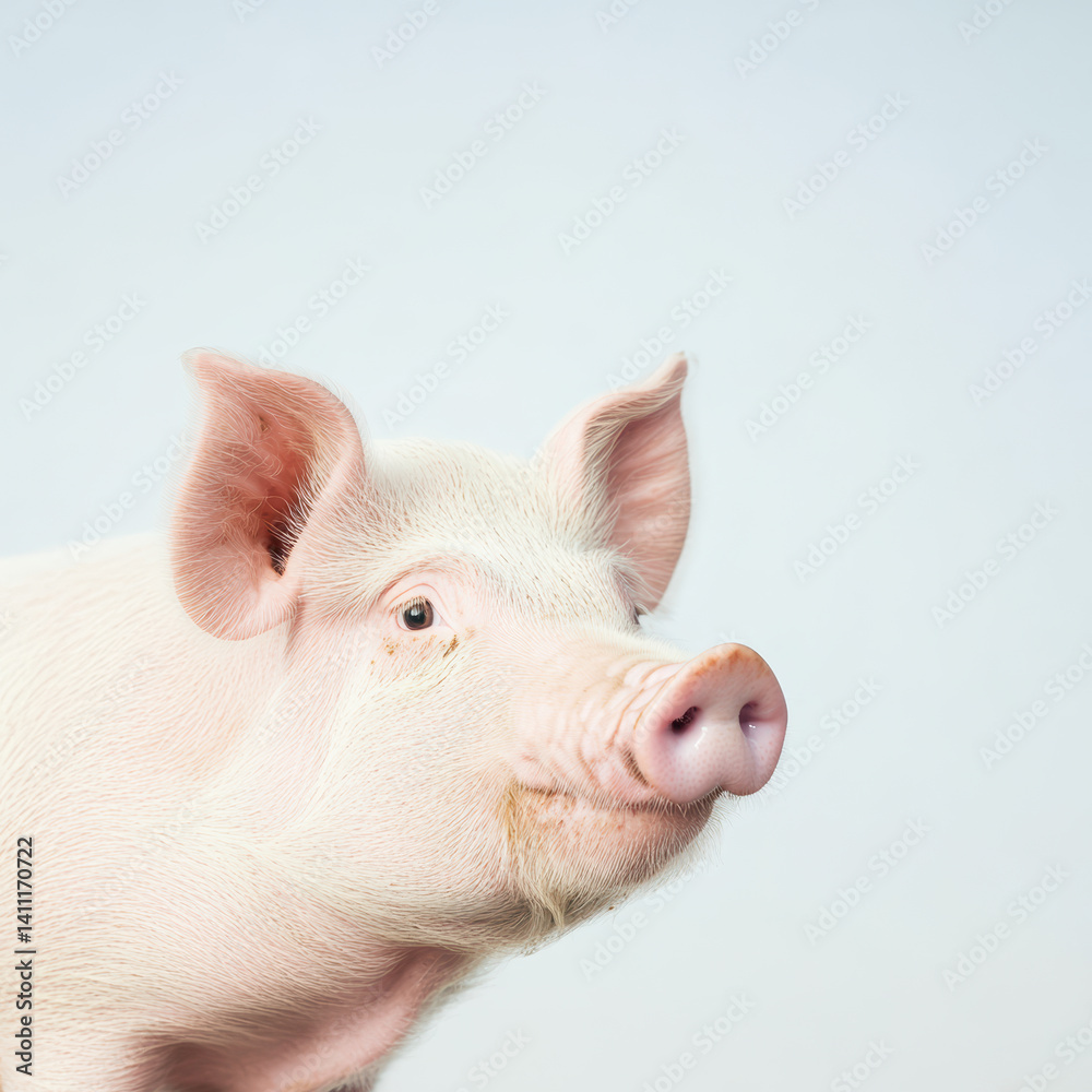 Adorable pink pig with perked ears and curious expression against light background