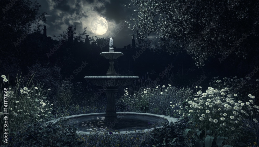 Fototapeta premium Moonlight Garden Fountain
