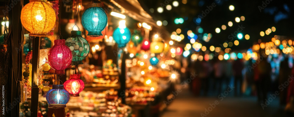 A busy street with many people and colorful lights. The lights are hanging from the ceiling and are of different colors. Scene is lively and festive A busy street with many people and colorful lights. The lights are hanging from the ceiling and are of different colors. Scene is lively and festive