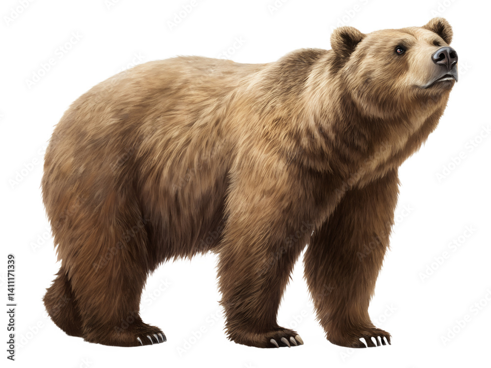 Obraz premium A bear stands on a white background. The bear is large and has a lot of fur. It looks like it is ready to attack