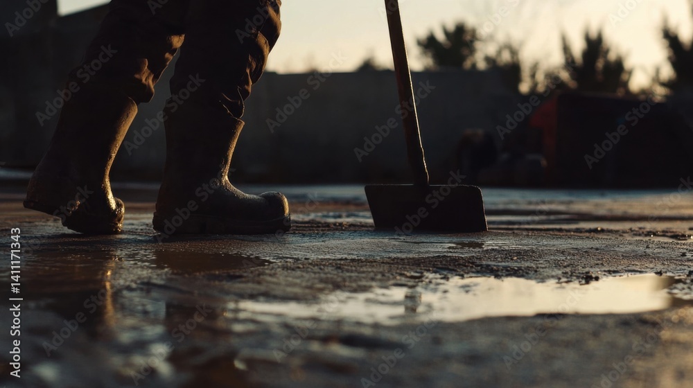 Concrete worker leveling fresh cement surface with float. Outdoor foundation site Concrete worker leveling fresh cement surface with float. Outdoor foundation site