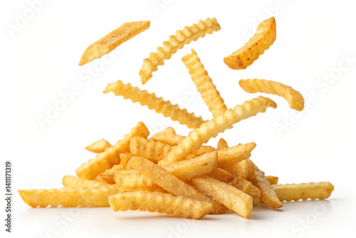 Crinkle cut fries falling in mid-air isolated against white background for crispy snack photography