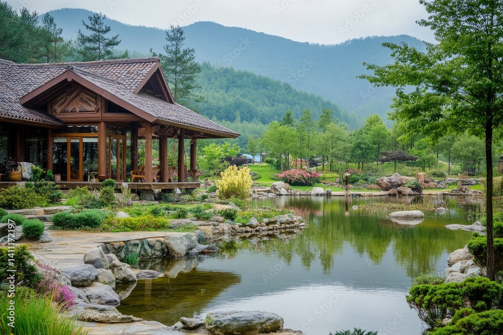 Fototapeta premium Tranquil Landscape View of a Serene Modern Pavilion Beside Water