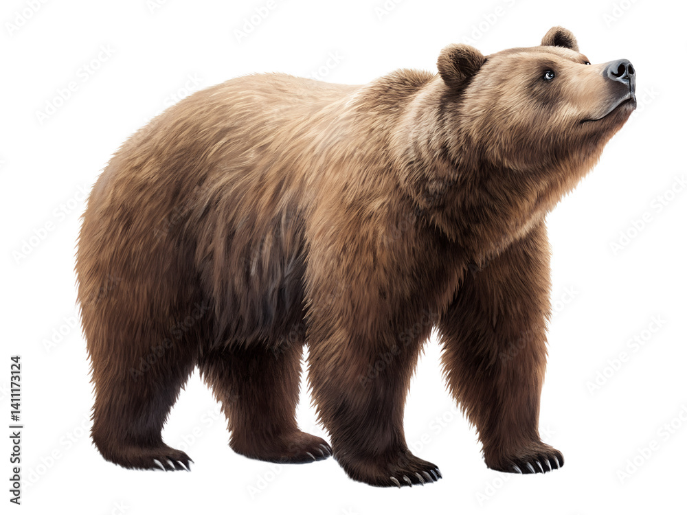 Obraz premium A brown bear stands on a white background. The bear is looking to the right. The bear is large and has a lot of fur