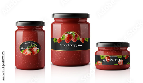 3d realistic vector icon illustration. Set of different glass jars with strawberry jam labels. Isolated on white.