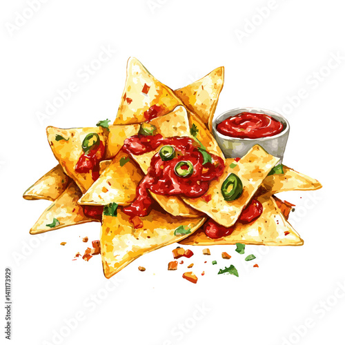 Cheese nachos illustration watercolor ketchup vector