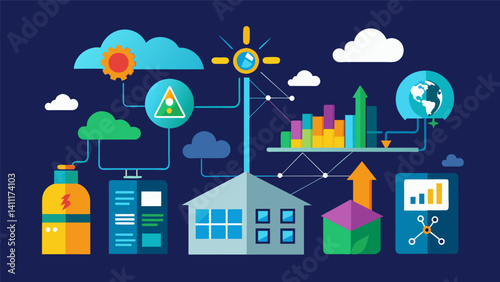 A visualization of how smart grids can optimize energy distribution by analyzing data on factors such as weather patterns consumer behavior and peak usage times.. Vector illustration