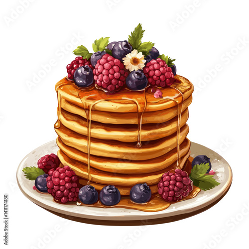 Berries ackground white honey Pancake stack vector