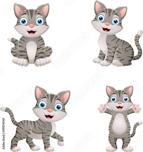 Cartoon cat collection set on white background