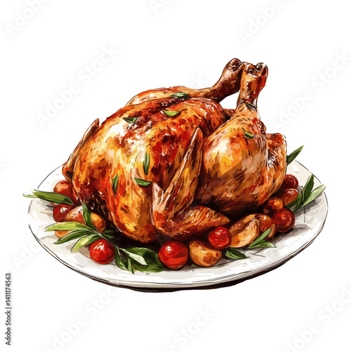 Illustration background white Roasted chicken roast vector