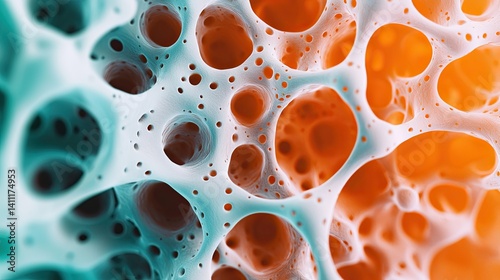 biology cells adaptation concept. Abstract pattern with bubbles in turquoise, white, and orange hues.
