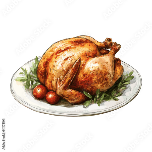 Whole roasted chicken background white vector graphic illustration vector