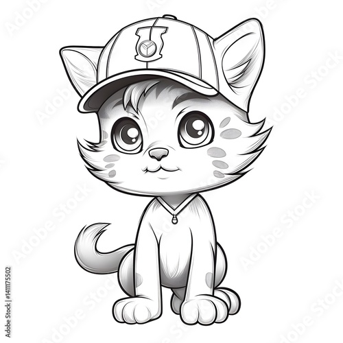 Cute cat in a baseball cap simple drawing coloring page