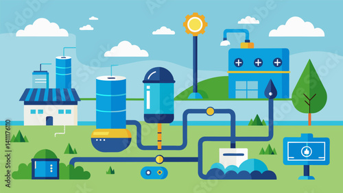 A water recycling facility that utilizes data to optimize treatment processes and reduce energy consumption.. Vector illustration