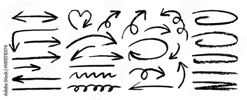 Black charcoal arrows strokes. Set of design elements different forms on white background. Rough charcoal circles. Brush elements for notes and underlining in text
