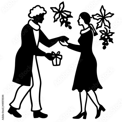 silhouette of a couple exchanging gifts under mistletoe
