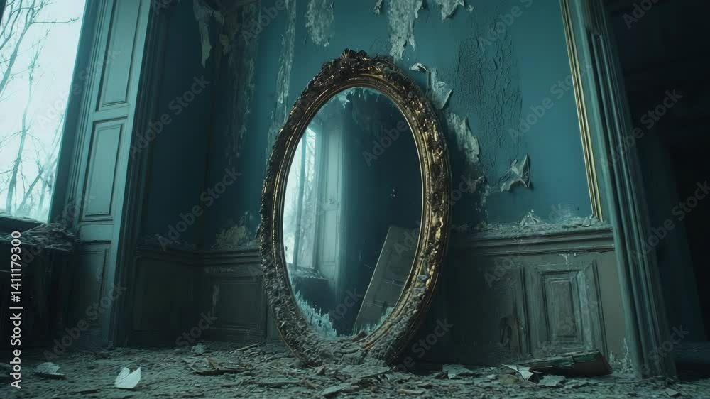 Vintage golden ornate mirror in dilapidated, crumbling room with peeling paint and overgrown outdoor trees