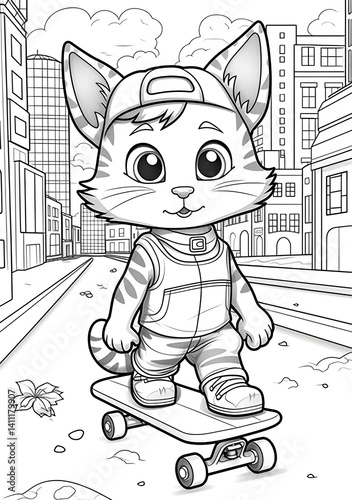 Cute cat playing skateboard in the city. Coloring page for adult