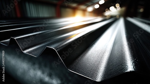 shiny galvanized corrugated steel sheet roofing cladding metal plate closeup texture background ai generative,photo image