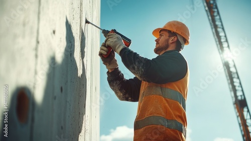 A construction worker drilling into a concrete wall at a building site. Featuring precision and skill