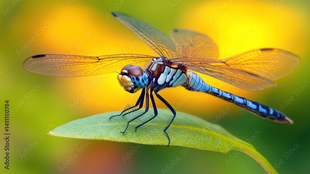 A close up image of a beautiful dragonfly resting on a leaf A close up image of a beautiful dragonfly resting on a leaf