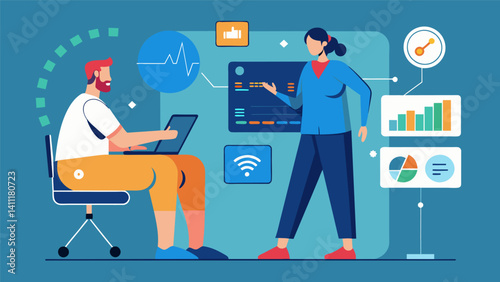 A physical the utilizing wearable technology and big data analytics to track a patients progress and adjust treatment plans accordingly for optimal recovery.. Vector illustration