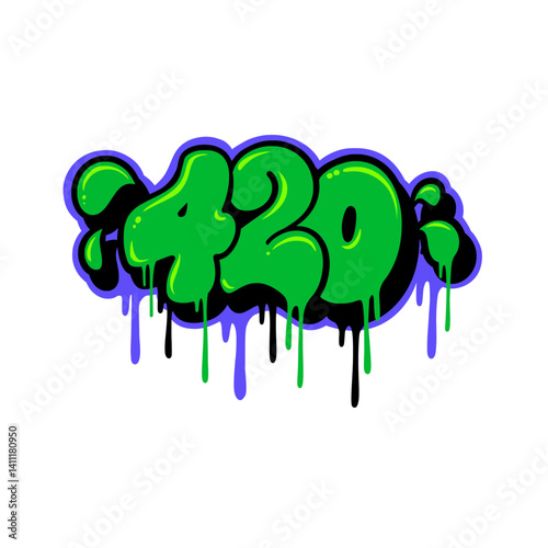 Digital graffiti art featuring the number 420 in a throw up style with bold green coloring. Urban street art vibe perfect for posters, apparel, digital designs, and more.
