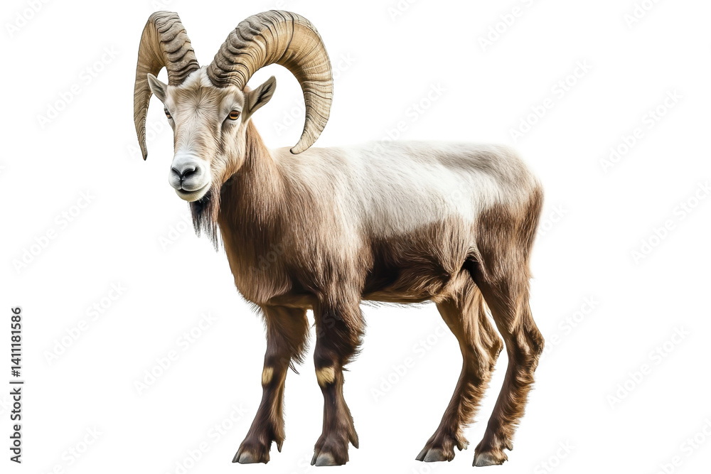 Fototapeta premium brown mountain goat with large horns on white background
