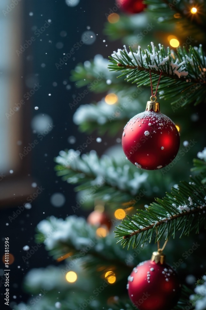 Obraz premium Snowflakes gently falling on a festive Christmas tree, , winter background