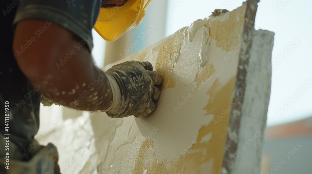 Construction worker installing drywall on a building site. Featuring craftsmanship and precision Construction worker installing drywall on a building site. Featuring craftsmanship and precision