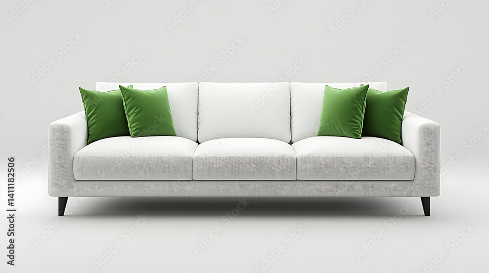 Fototapeta premium Modern White Sofa with Green Velvet Pillows, A modern white sofa with green velvet pillows against a plain background