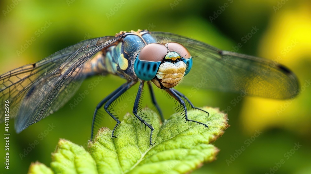 A macro photograph features a brightly colored dragonfly on a green leaf A macro photograph features a brightly colored dragonfly on a green leaf